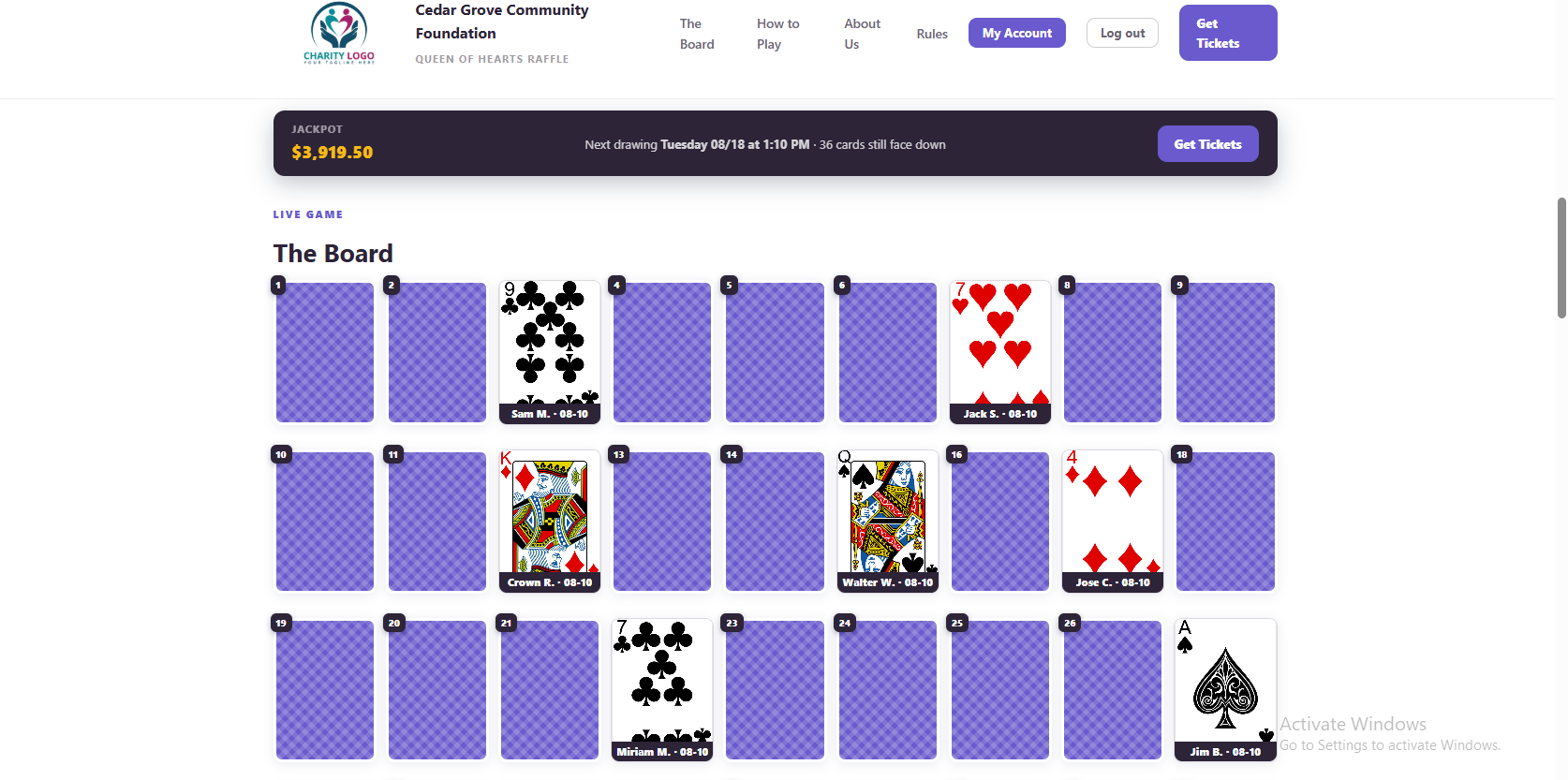 Public event page showing the Queen of Hearts card board