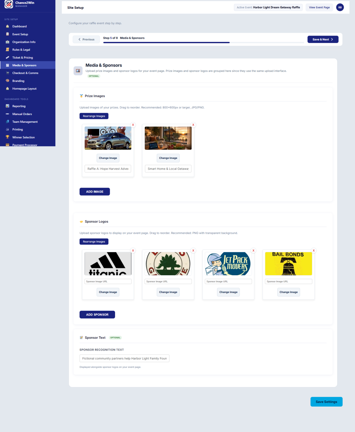 Adding prize images in the Prizes and Sponsors section